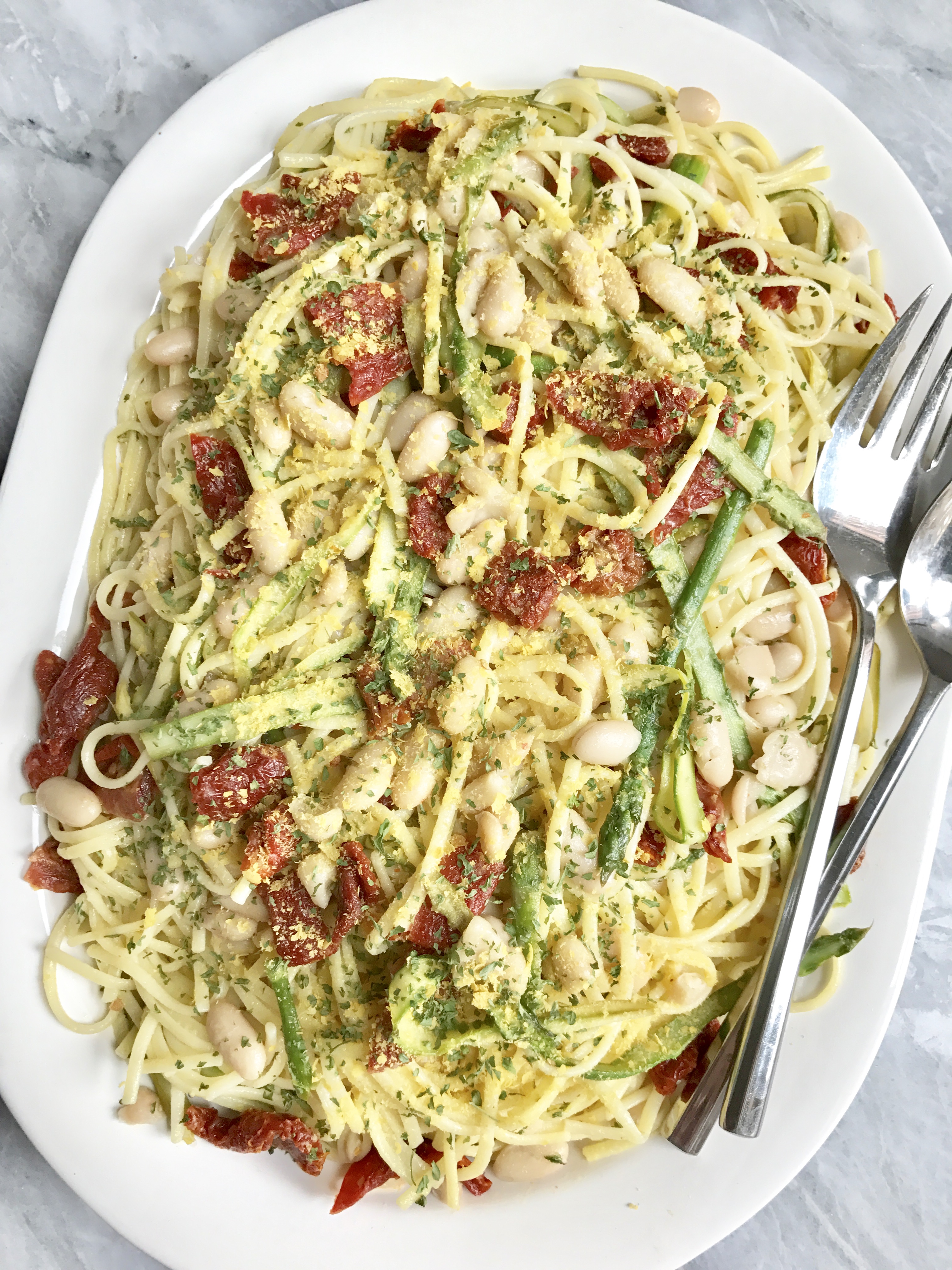 Summer Linguine W/ Shaved Asparagus, White Beans & Sun Dried Tomatoes