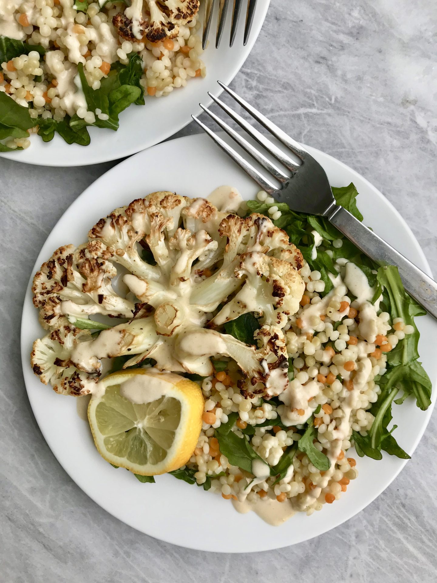 Cauliflower Steaks with Pearled Couscous Salad & Tahini Dressing ...