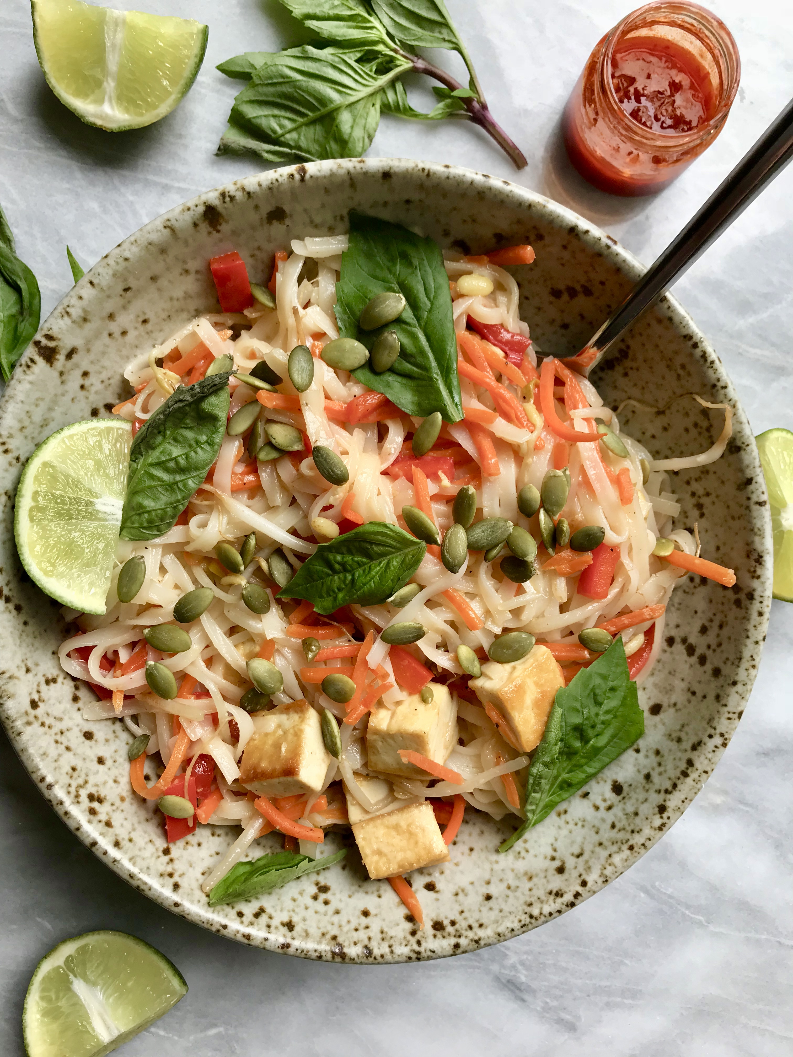 Tofu Pad Thai with Rice Noodles, Bell Peppers & Cashews